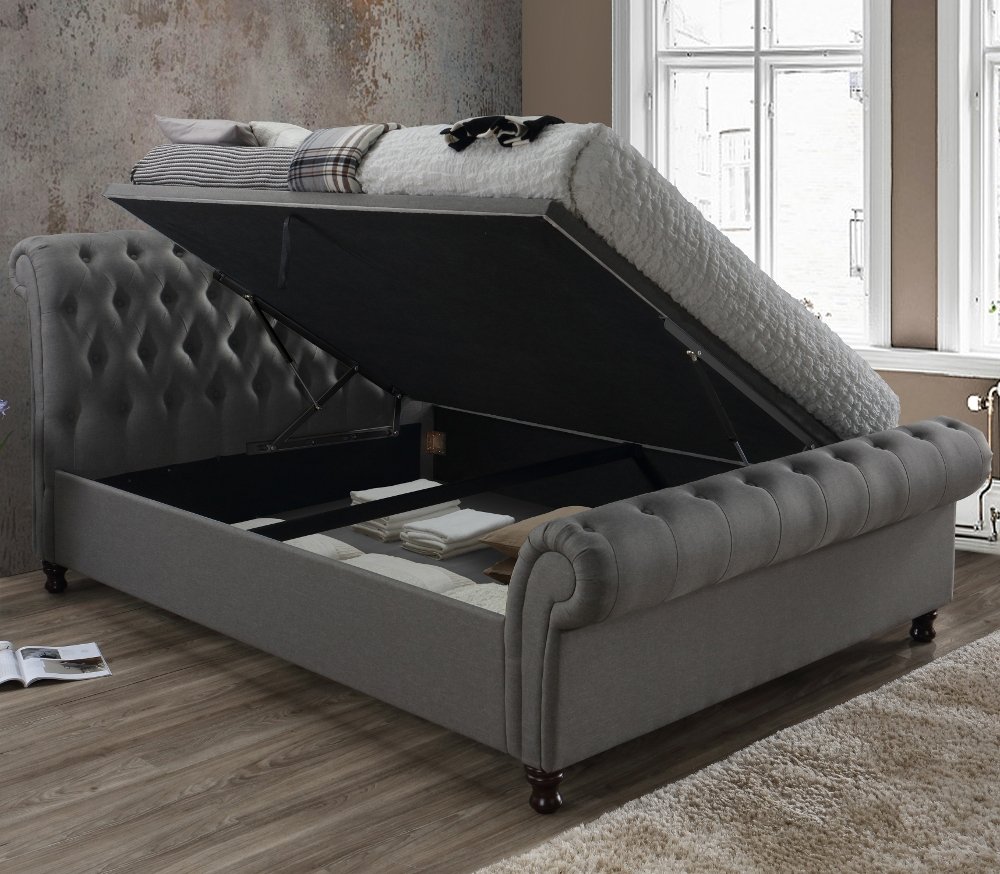 Castello Grey Fabric Ottoman Scroll Sleigh Bed - 6ft Super King Size