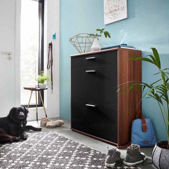 Big Foot Shoe Cabinet In Walnut With Black High Gloss Fronts