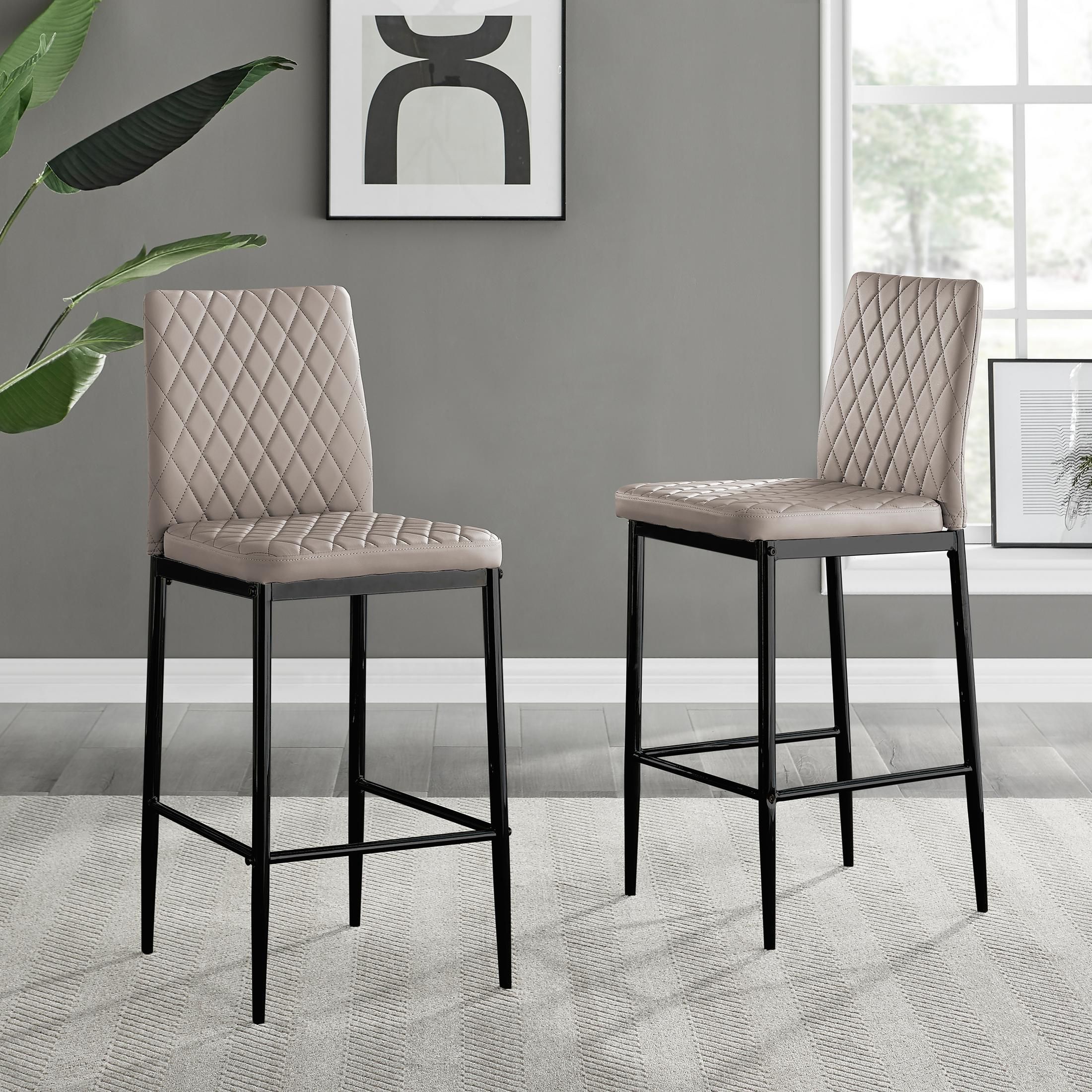 FurnitureboxUK Set of 2 Milan Hatched Faux Leather Padded Counter Stools With Black Metal Legs in Beige