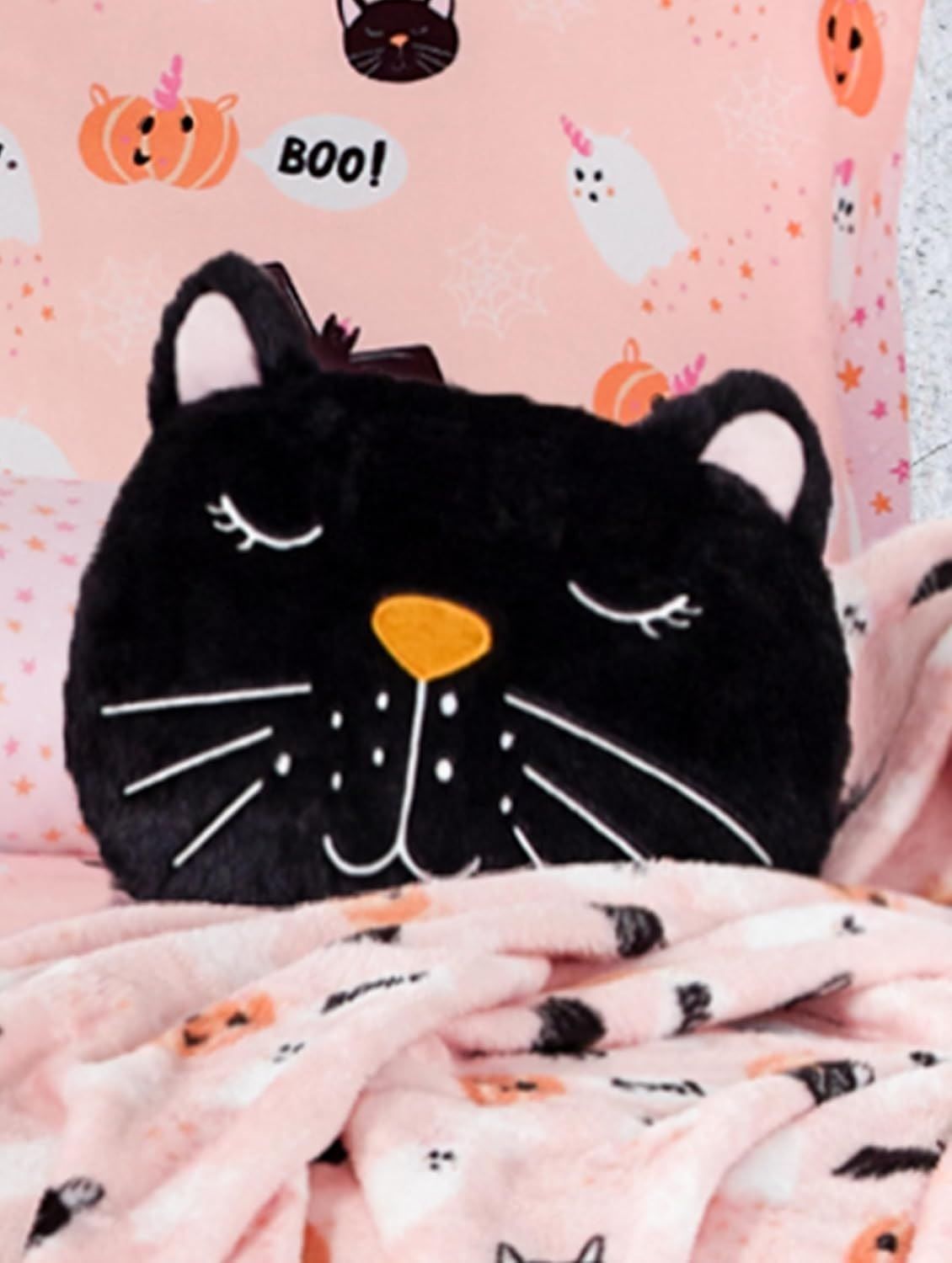 Smart Living Halloween Ghost & Magical Cat Fleece Cushions - Spooky Decor Pillows in Black