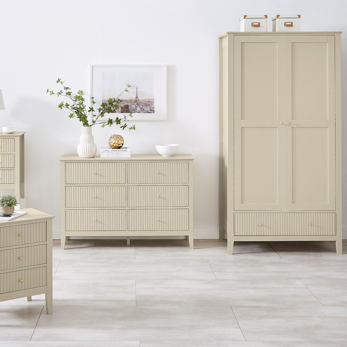 Melody Maison Double Wardrobe, Chest Of Drawers & Pair Of Bedside Tables - Hales Taupe Range in Beige