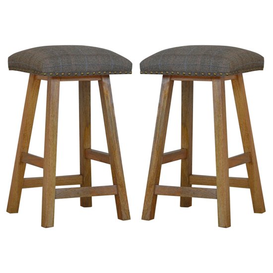 Trenton Bar Stool In Oak Ish With Tweed Fabric Seat In Pair