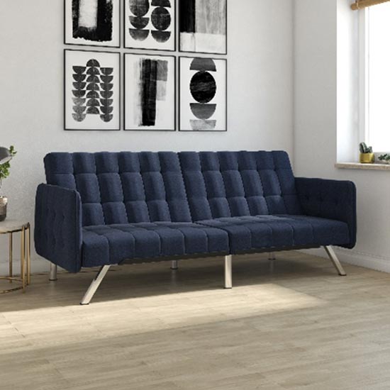 Emily Leather Convertible Clic Clac Sofa bed In Navy Linen Blue