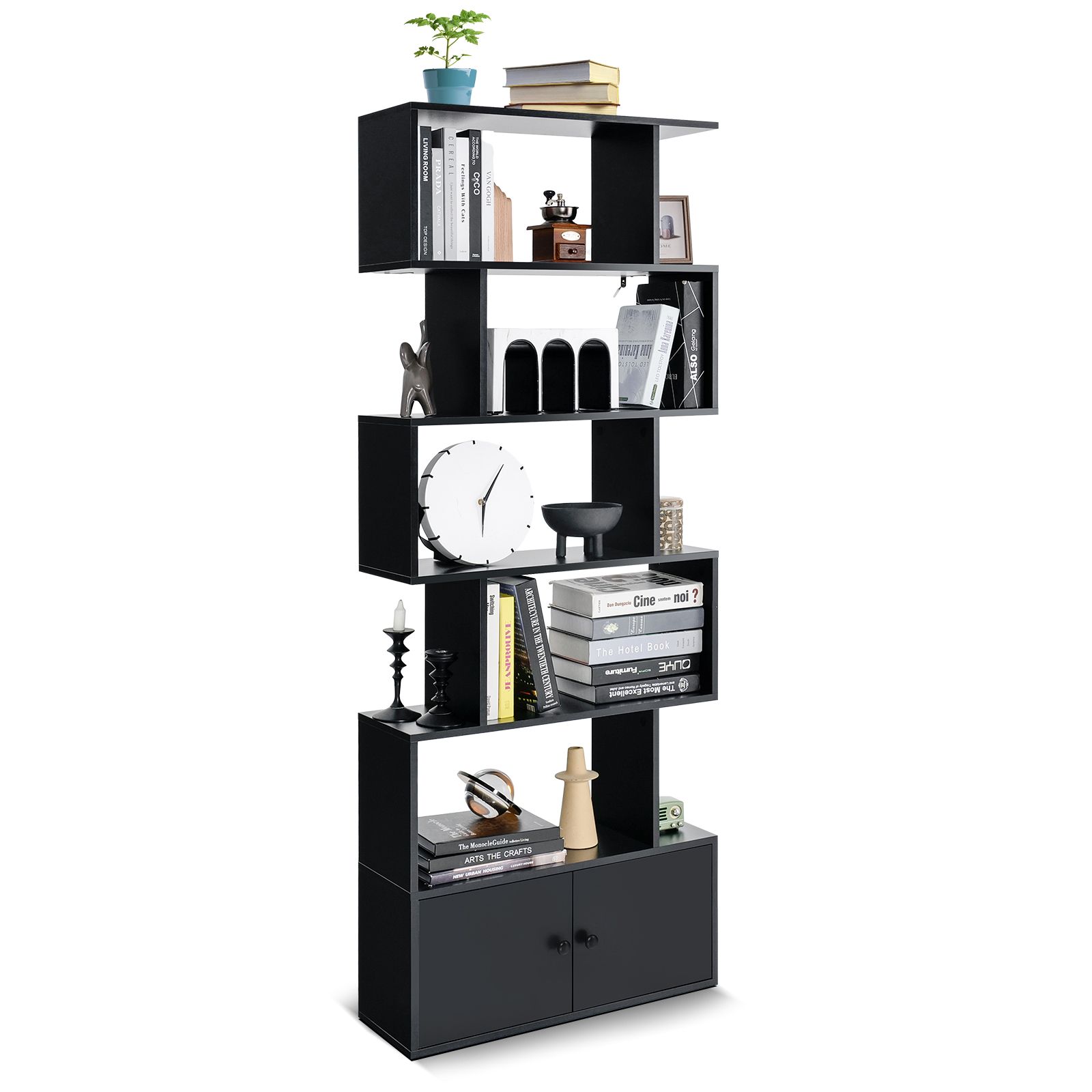 Costway 5-tier S-Shaped Bookcase Industrial Display Rack with Cabinet Wooden Bookshelf in Black