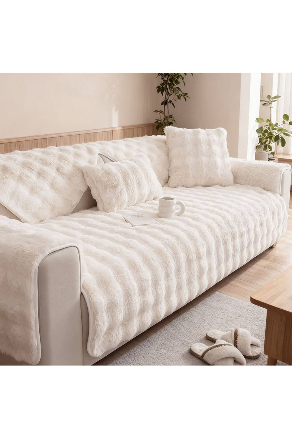 Living and Home Sleek Textured Plush Sofa Cover in Cream