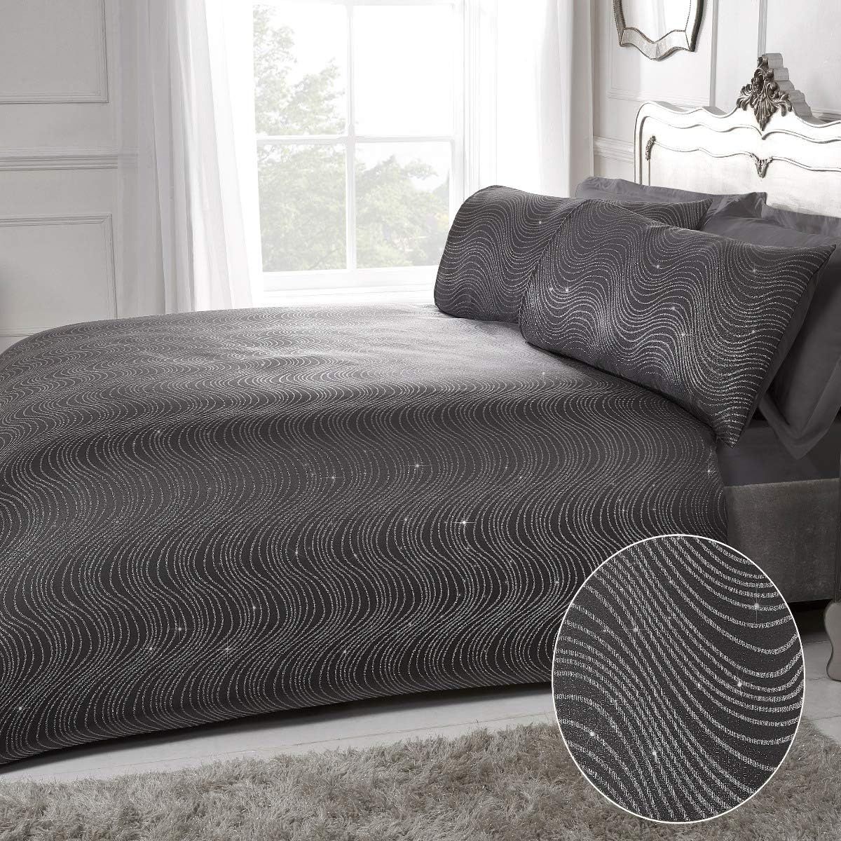 Smart Living Luxury Hotel Quality Lurex Jacquard Swirl Duvet Cover with Pillowcases in Charcoal