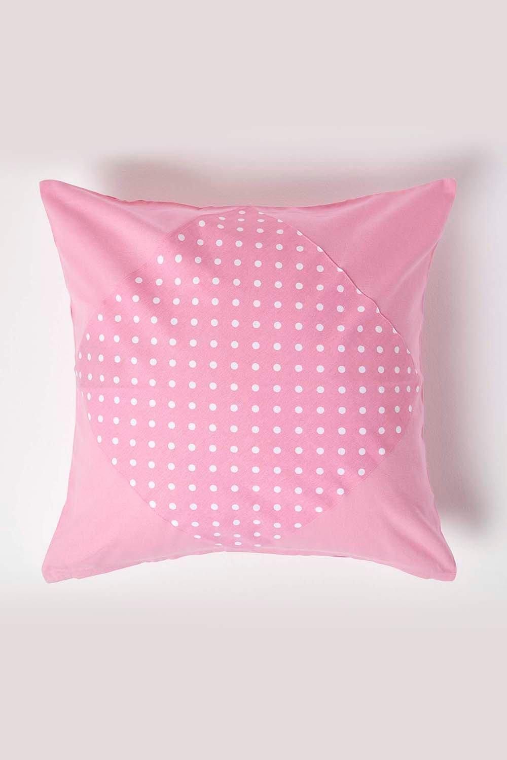 Homescapes Cotton Plain & Polka Dots Cushion Cover in Pink
