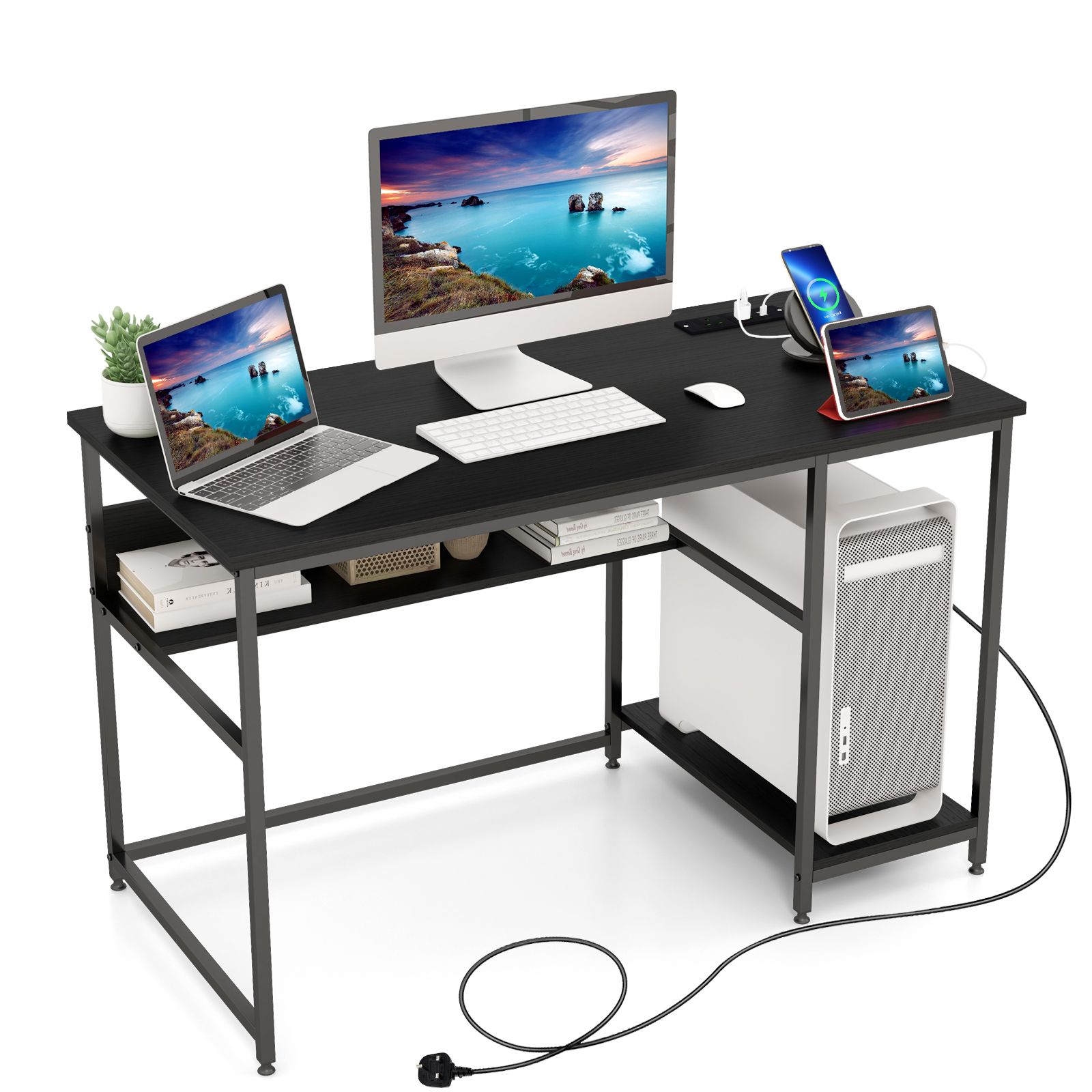 Costway 120CM Computer Desk with Power Outlet & Shelf Home Office Studying Table in Black
