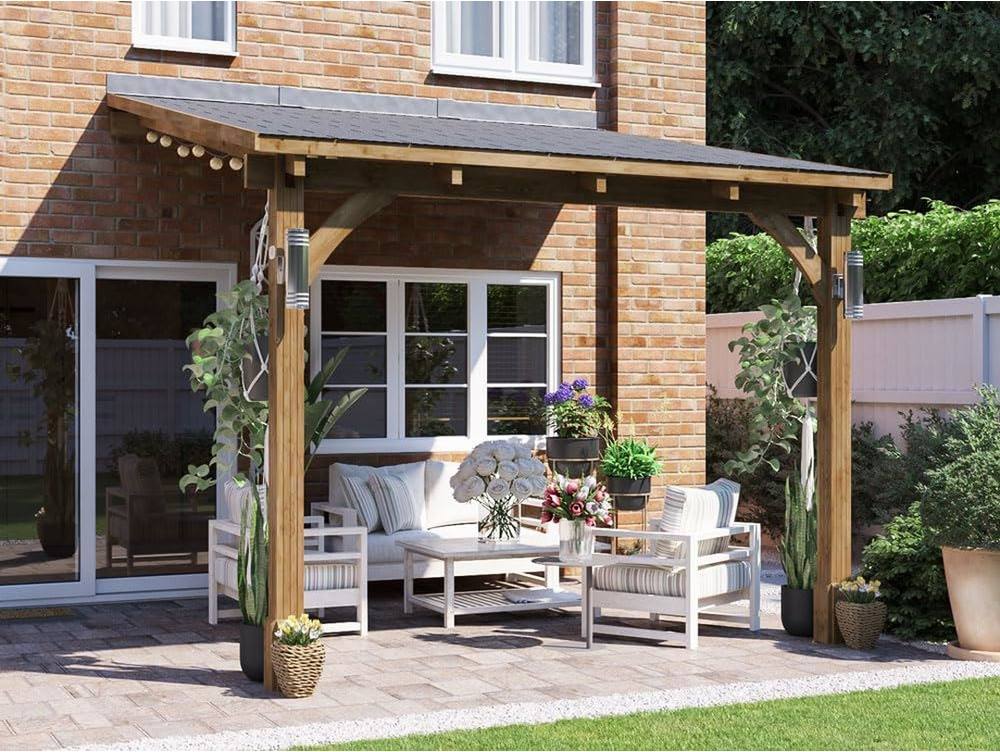 Dunster House Lean To Wooden Gazebo Canopy with Shingles 3m x 3m - Leviathan in Brown