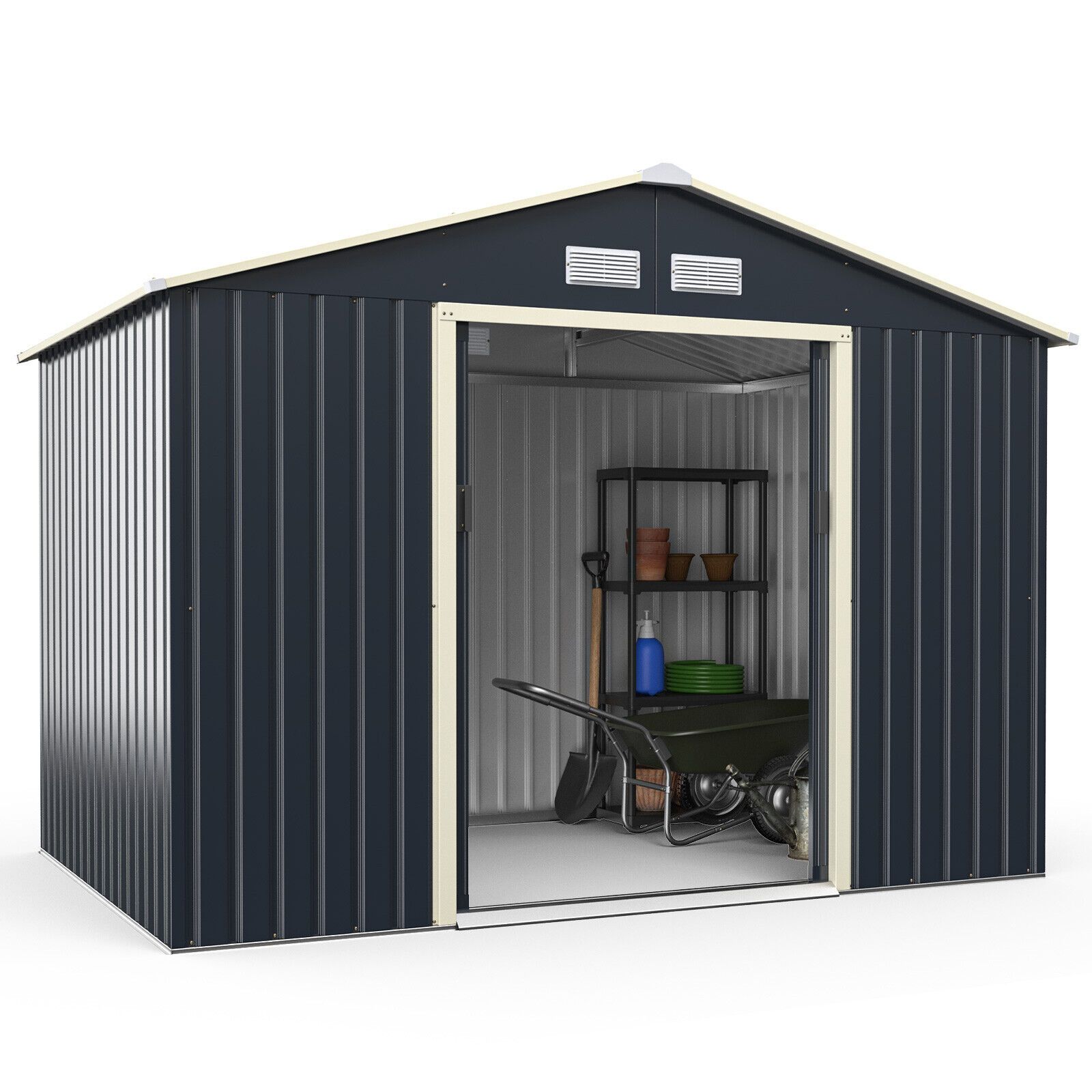 Costway 9.2FT x 6.5FT Outdoor Storage Shed Large Organizer House Double Sliding Door in Grey