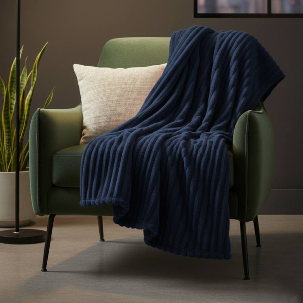 Snug City Chunky Ribbed Mink Throw Ultra Soft Warm Elegant Blanket for Sofa Bed in Navy