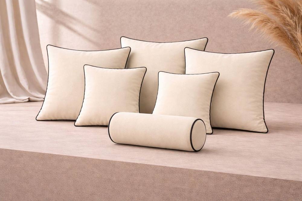 HOB Furniture Lux Velvet Cushion Sets with Black Piping in Cream
