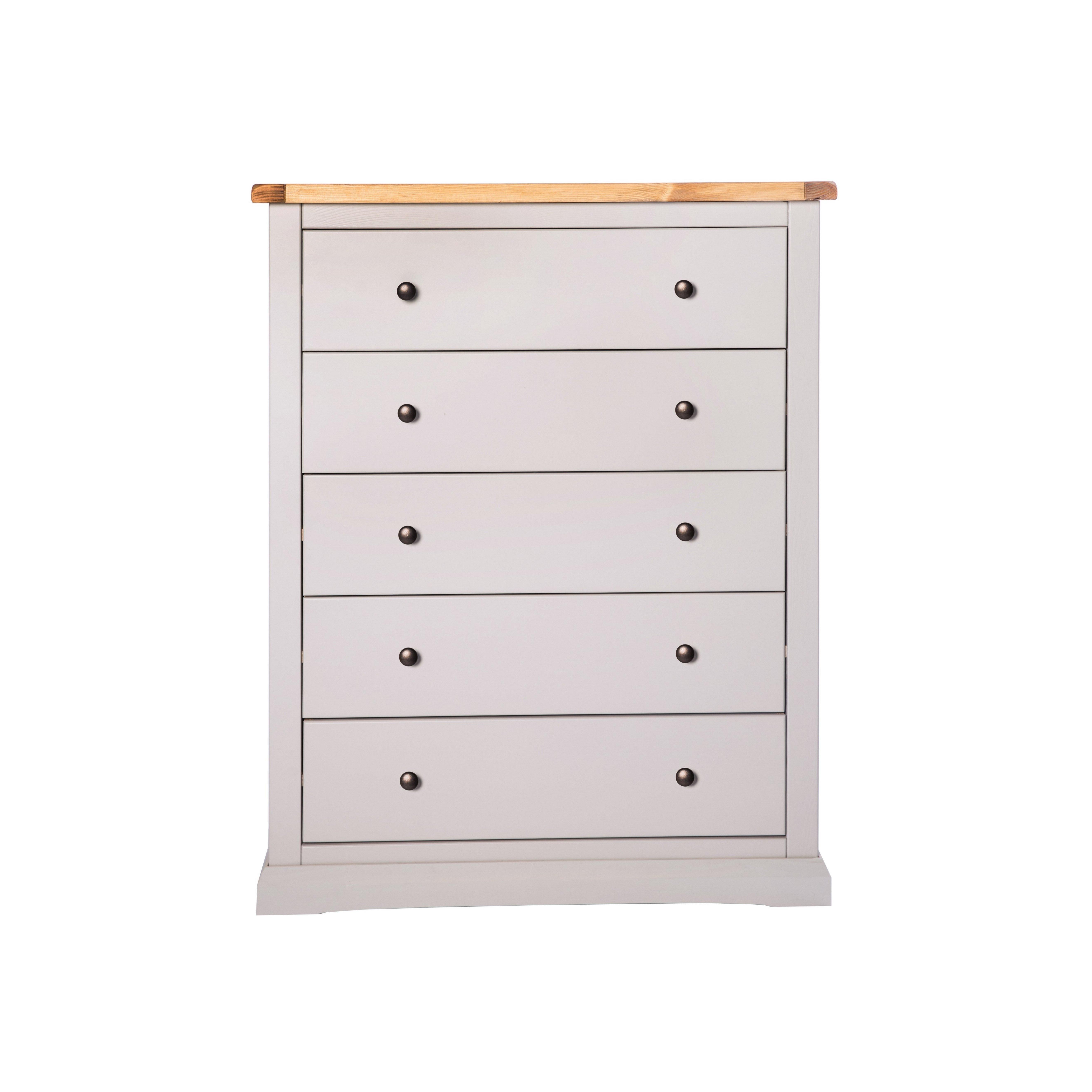 Cabinet Bits Loreo 5 Drawer Chest of Drawers Brass Knob in Light Grey