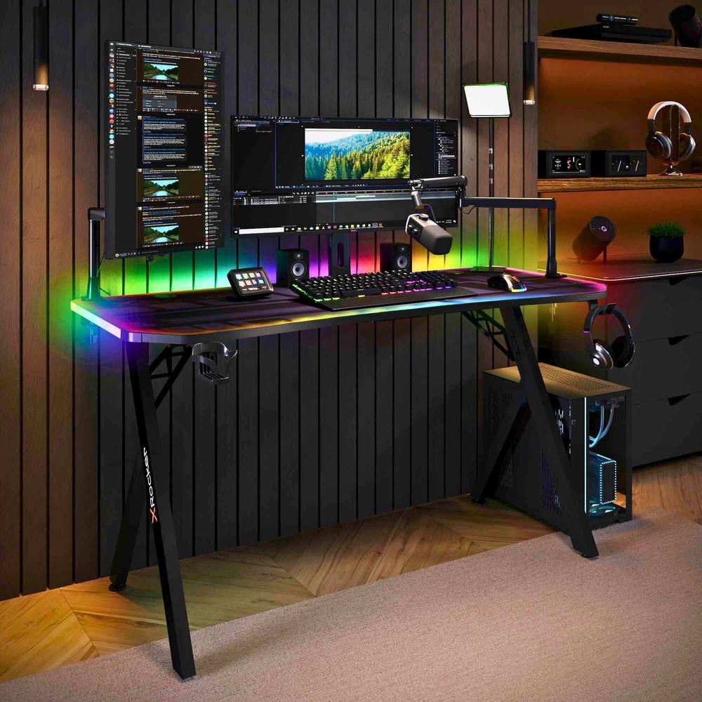 X Rocker Lumio LED Gaming Desk, Mousepad, Cupholder & Headphone Hook in Black