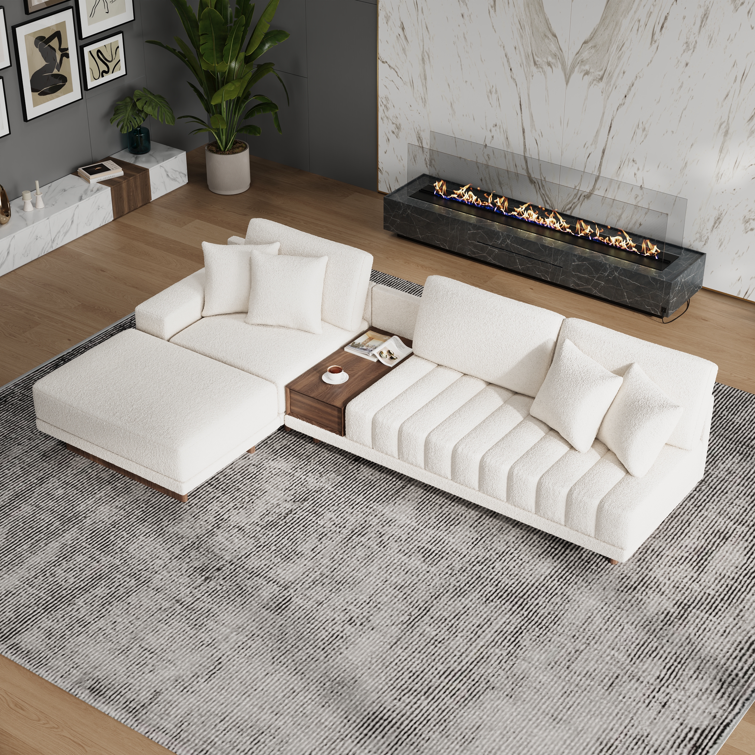 Vewal 126-inch L-Shaped Boucle Modular Sectional Sofa with Chaise & Ottoman