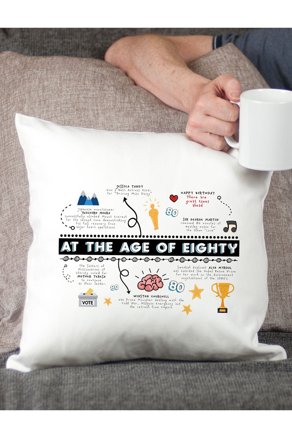 Afewhometruths 80th Birthday Fun Facts Cushion Gift in Off-White