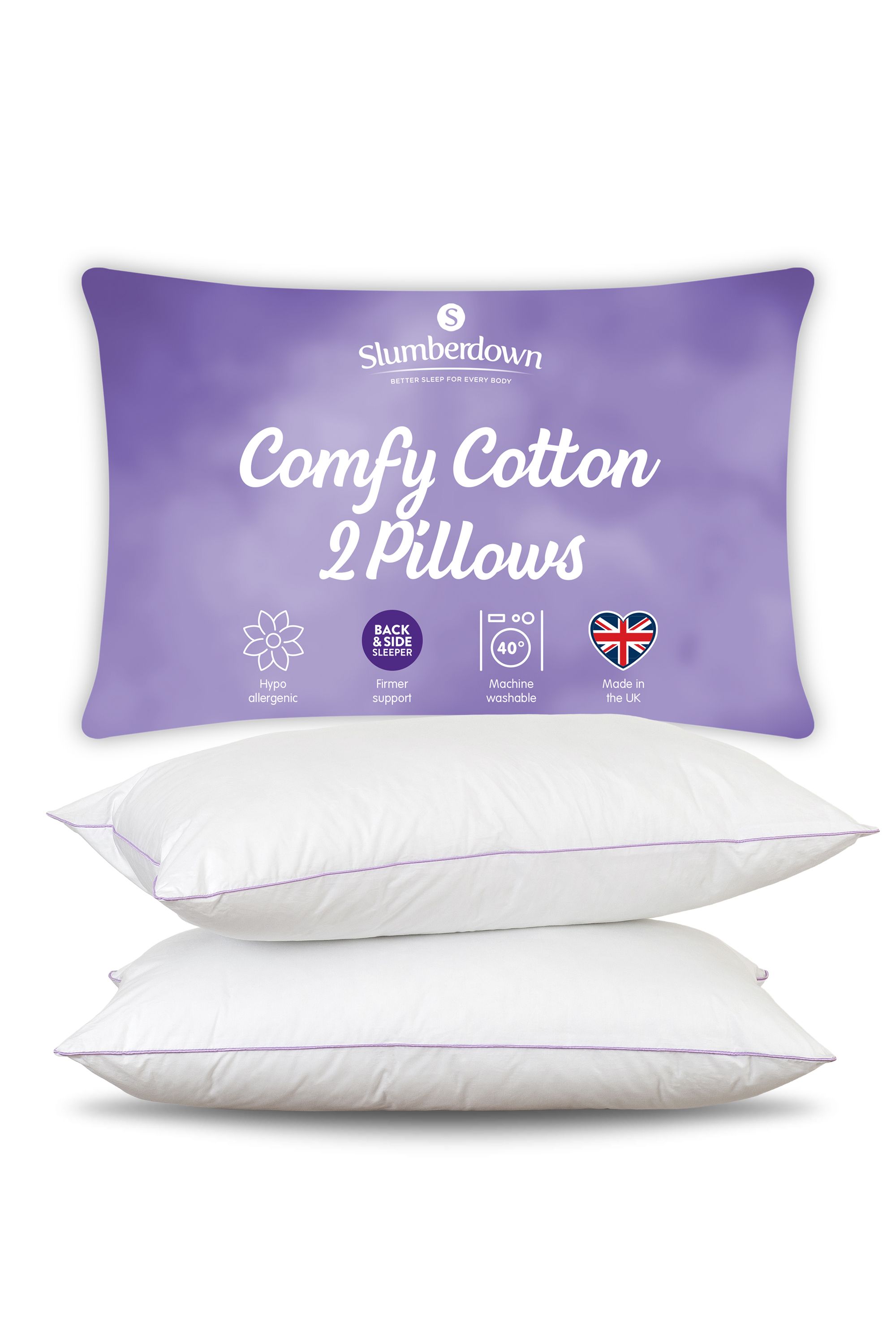 Slumberdown Comfy Cotton Pillow, Firm Support, 2 Pack in White