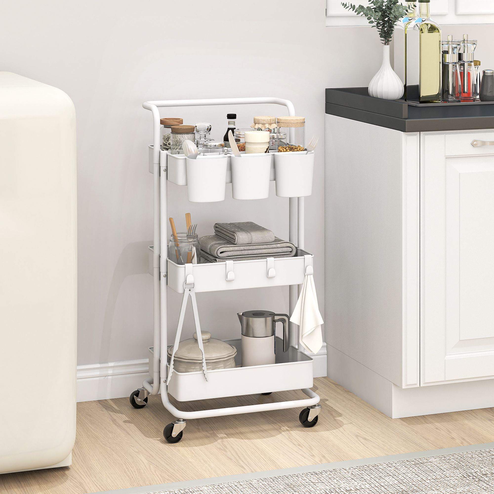 HOMCOM 3-Tier Utility Cart, Rolling Serving Trolley with Baskets, White