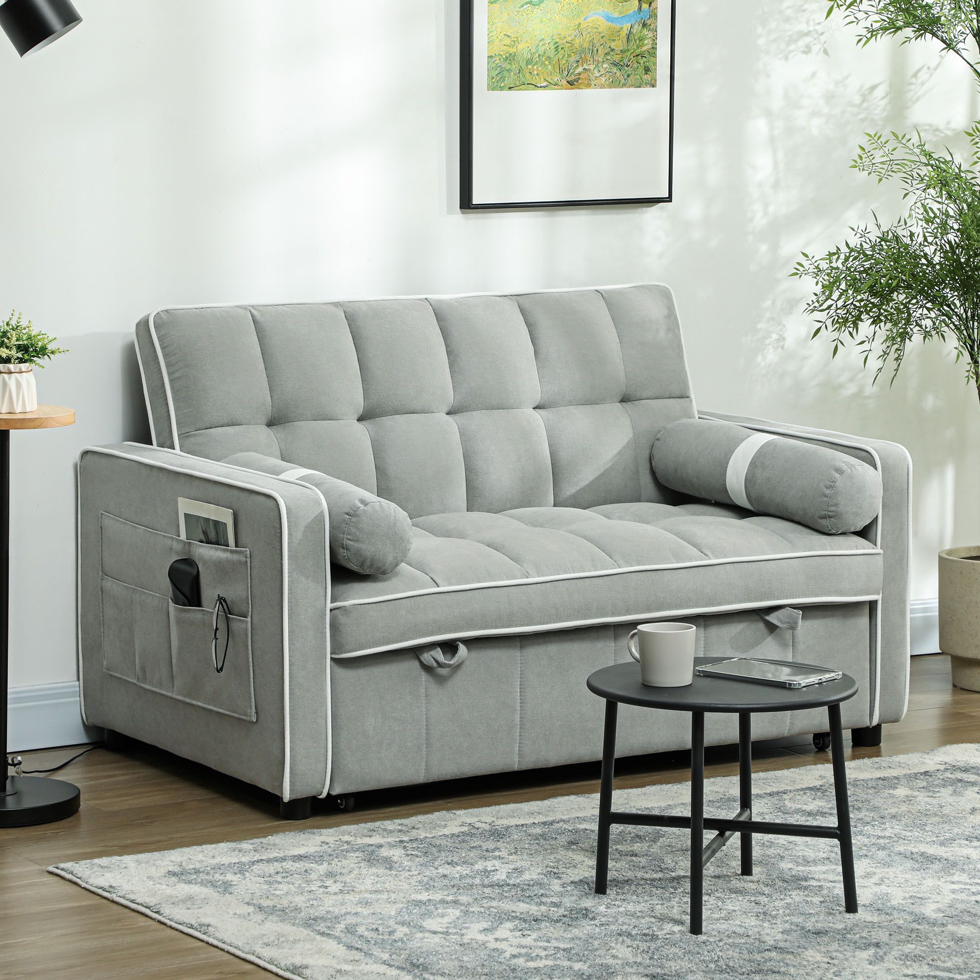 HOMCOM 2 Seater Pull Out Sofa Bed with Adjustable Backrest in Light Grey