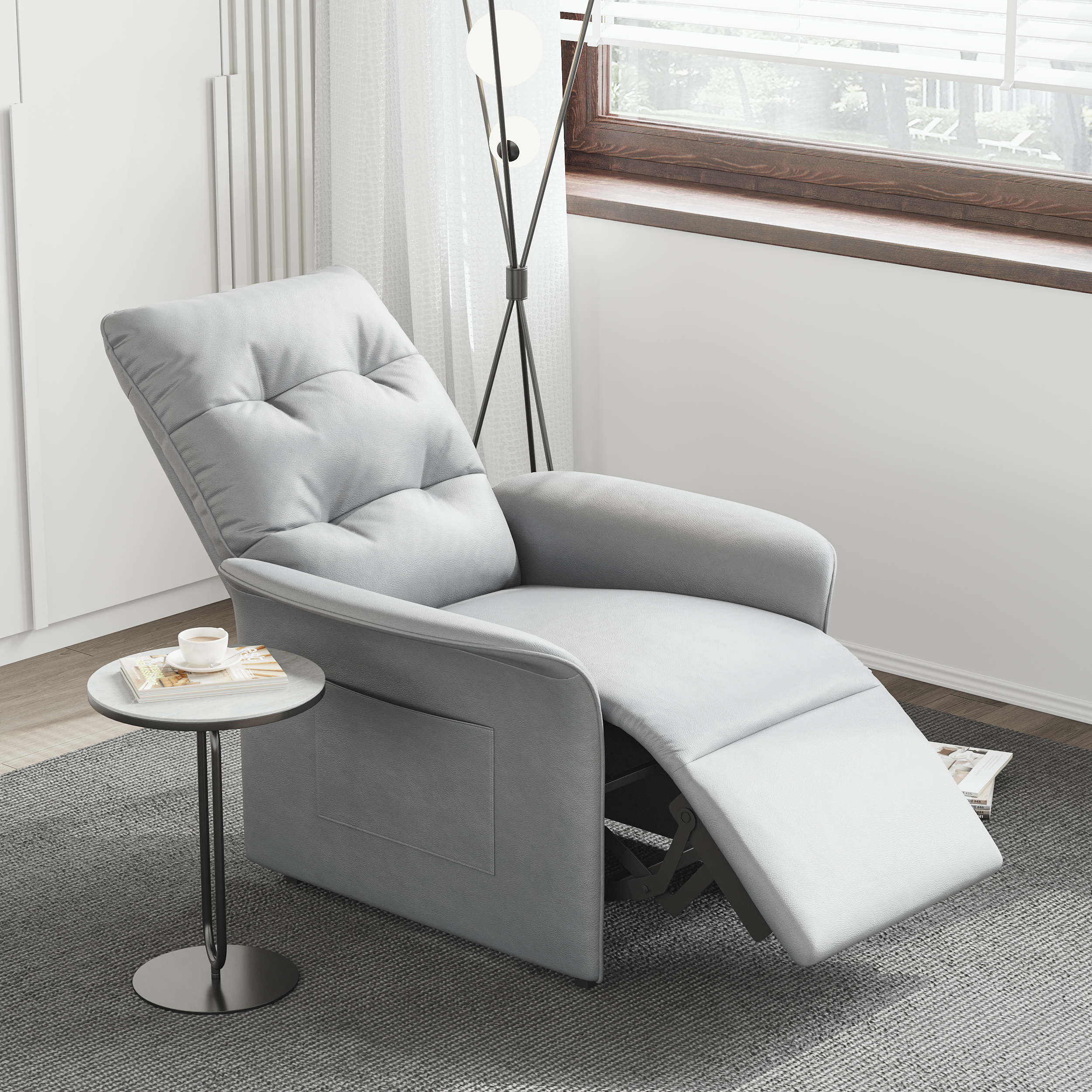 Modern Gray Leather Power Recliner High Back Sleeper Chair with Side Pocket