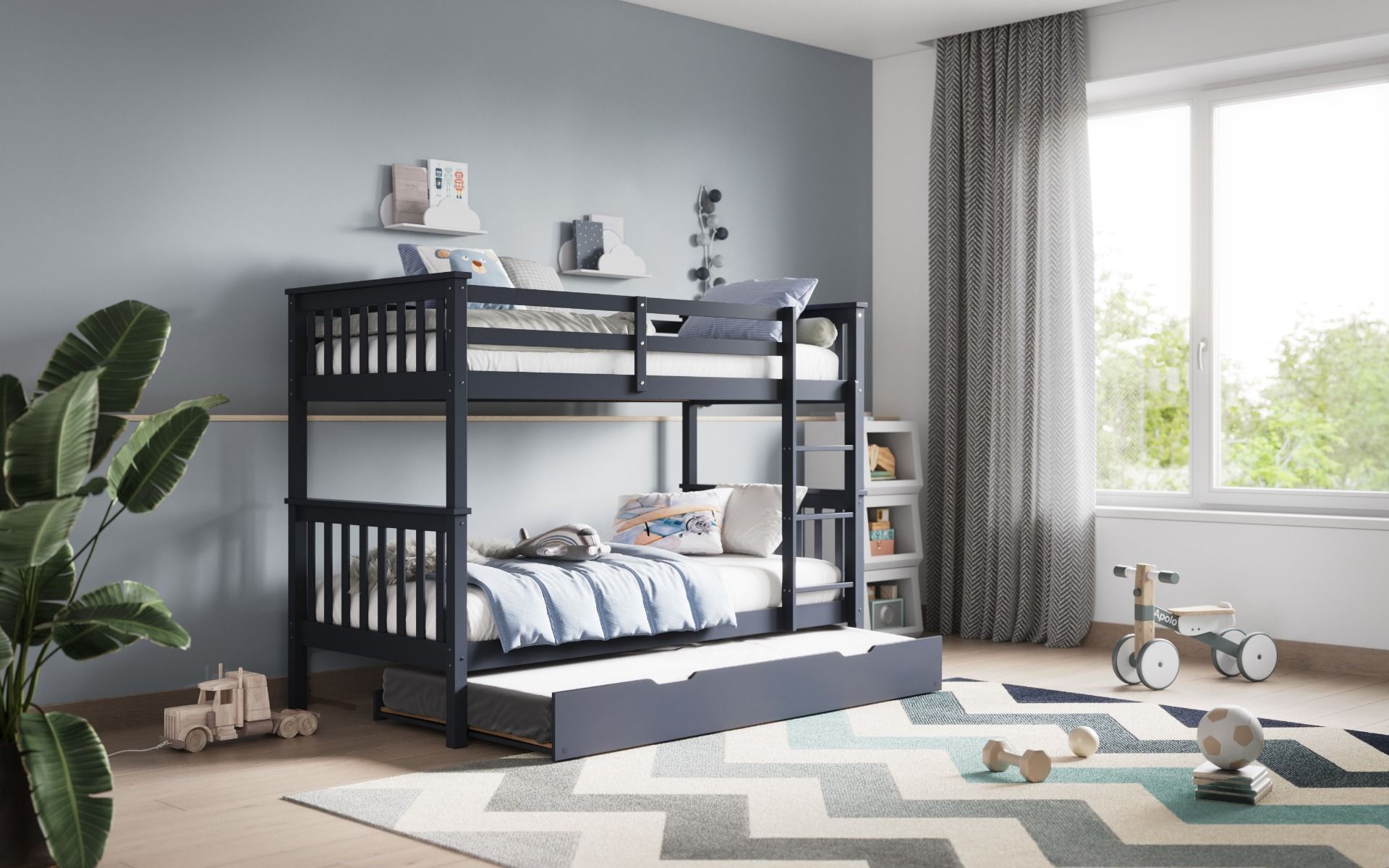 Flair Zoom Wooden Detachable Bunk Bed with Trundle in Grey