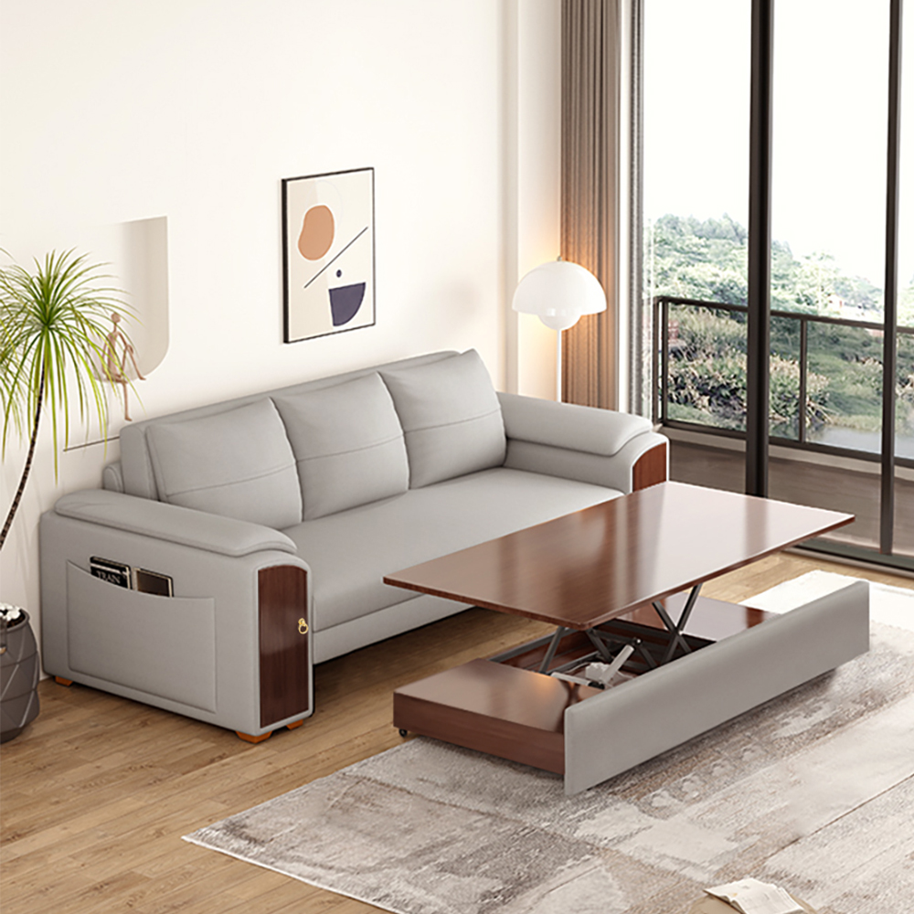 240 cm Grey Pull Out Sofa Bed Convertible Leath-Aire Sleeper with Lift-top Coffee Table