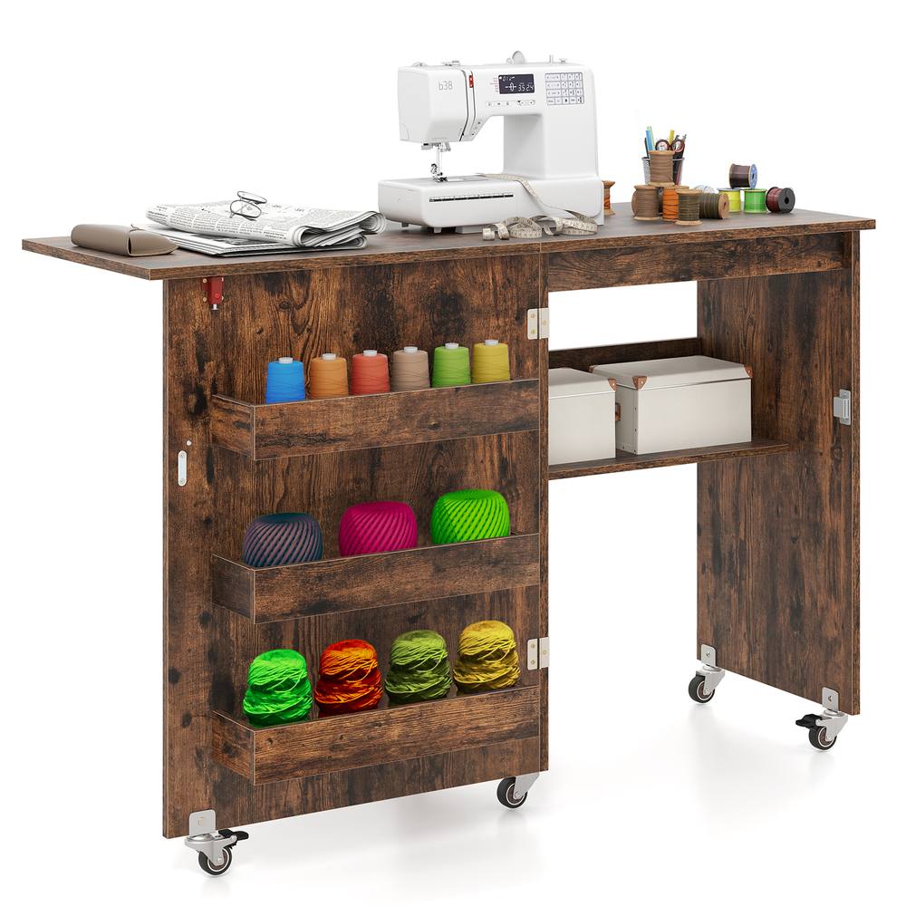Costway Folding Sewing Table Mobile Sewing Machine Desk Rolling Craft Station in Brown