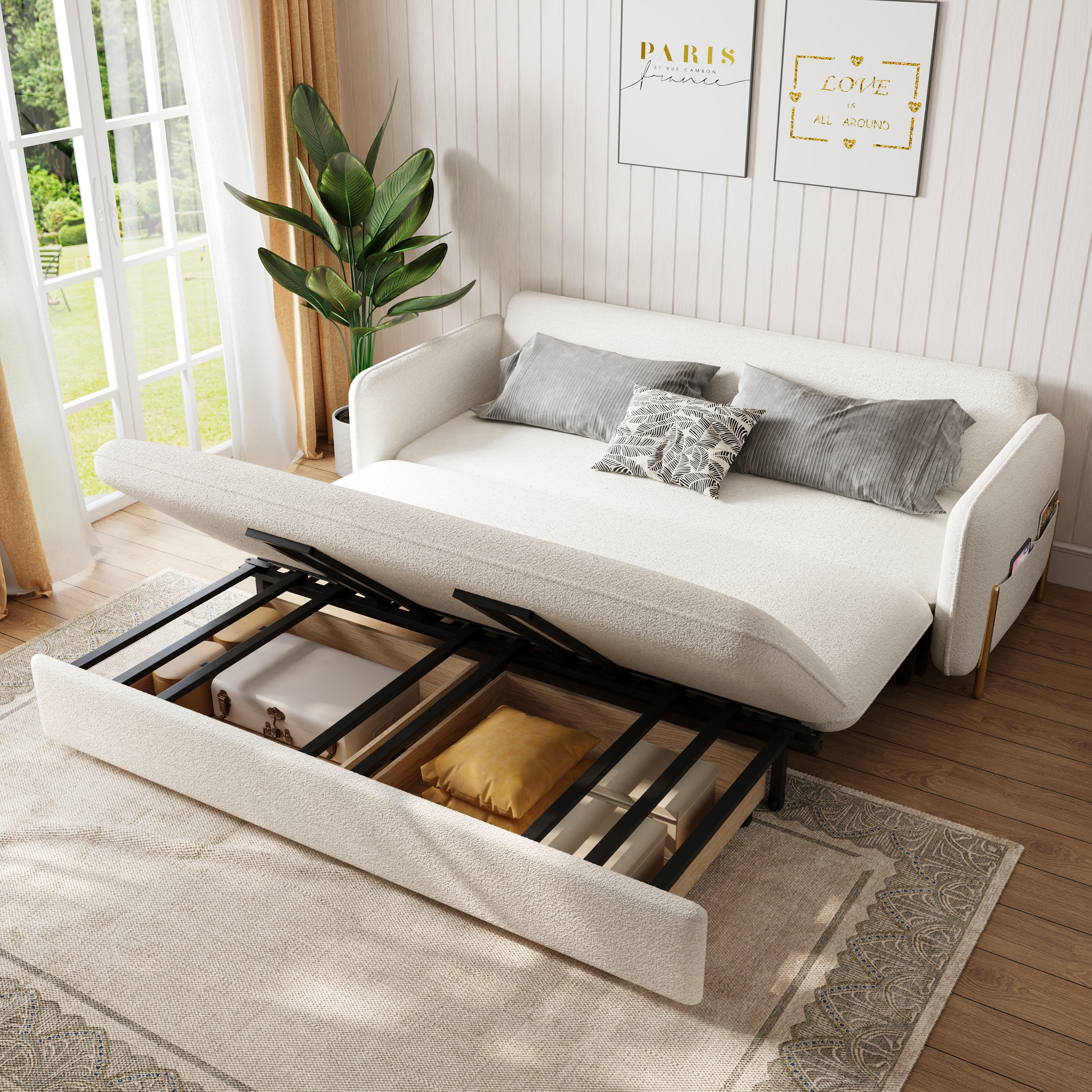2000mm Full Sleeper Sofa White Boucle Upholstered Convertible Sofa