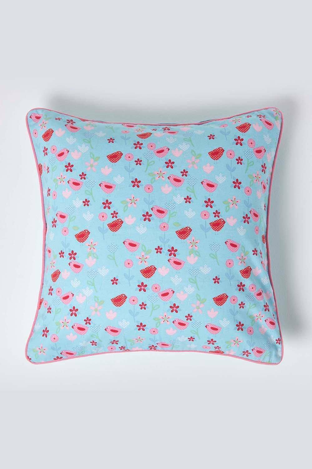 Homescapes Cotton Birds & Flower Cushion Cover in Blue