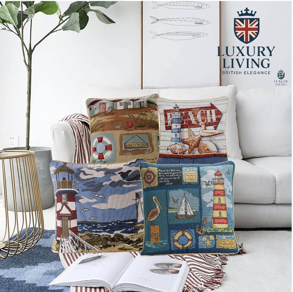 Luxury Living Nautical Tapestry Cushions (Set of 4 with Plump Pads)