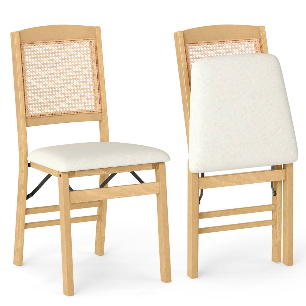 Costway Folding Chairs Set of 2 Rubber Wood Dining Chairs w/Linen Padded Seat in Natural