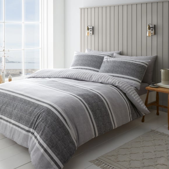 Catherine Lansfield Textured Banded Stripe Reversible Duvet Cover & Pillowcase Set