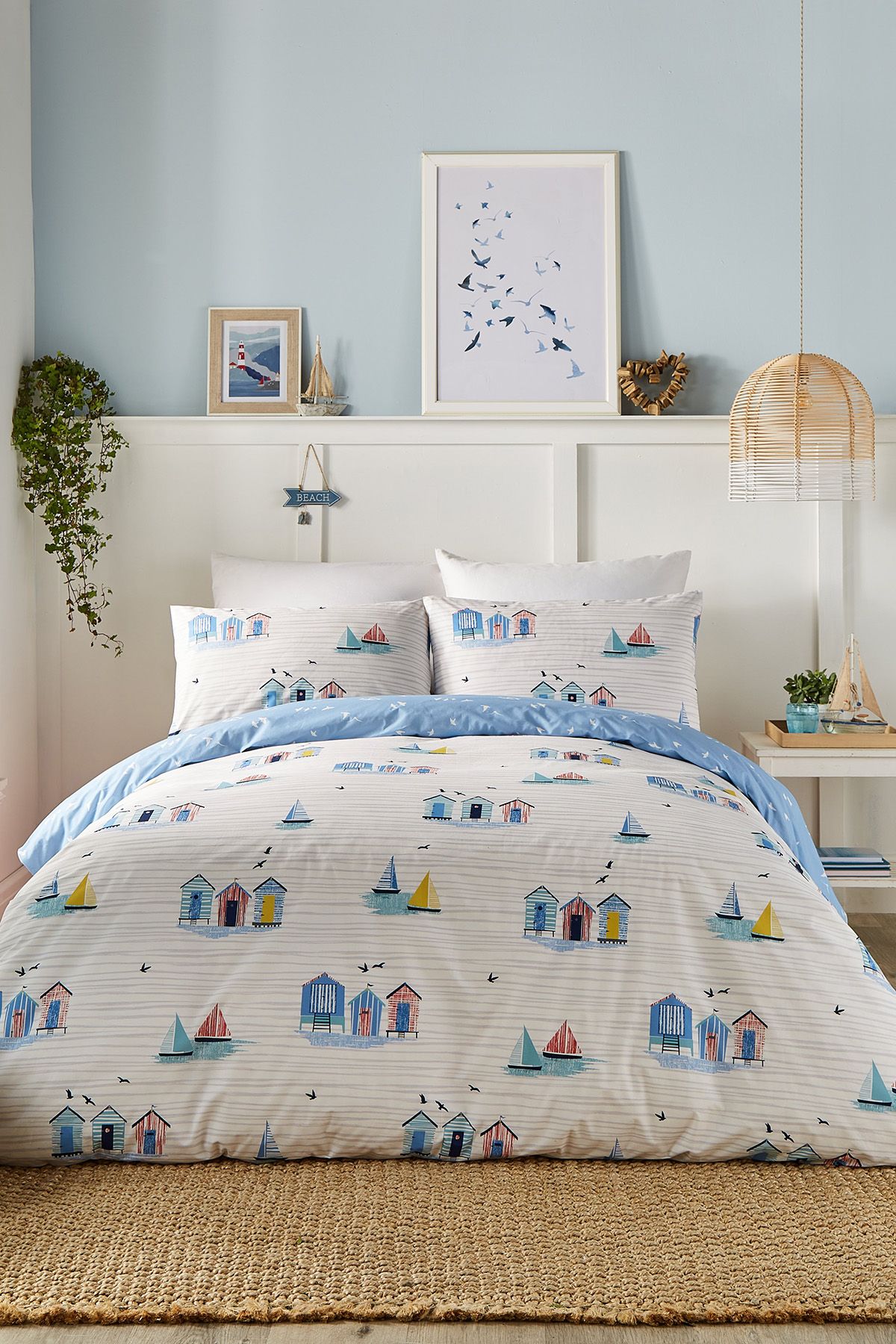 Fusion 'Beach Huts' Summer Seaside Print Duvet Cover Set in Blue