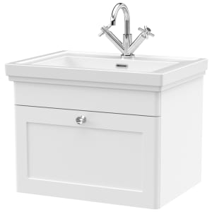 Classique Satin White Wall Hung 1-Drawer Vanity & Basin 1 Tap Hole - 496 x 630mm