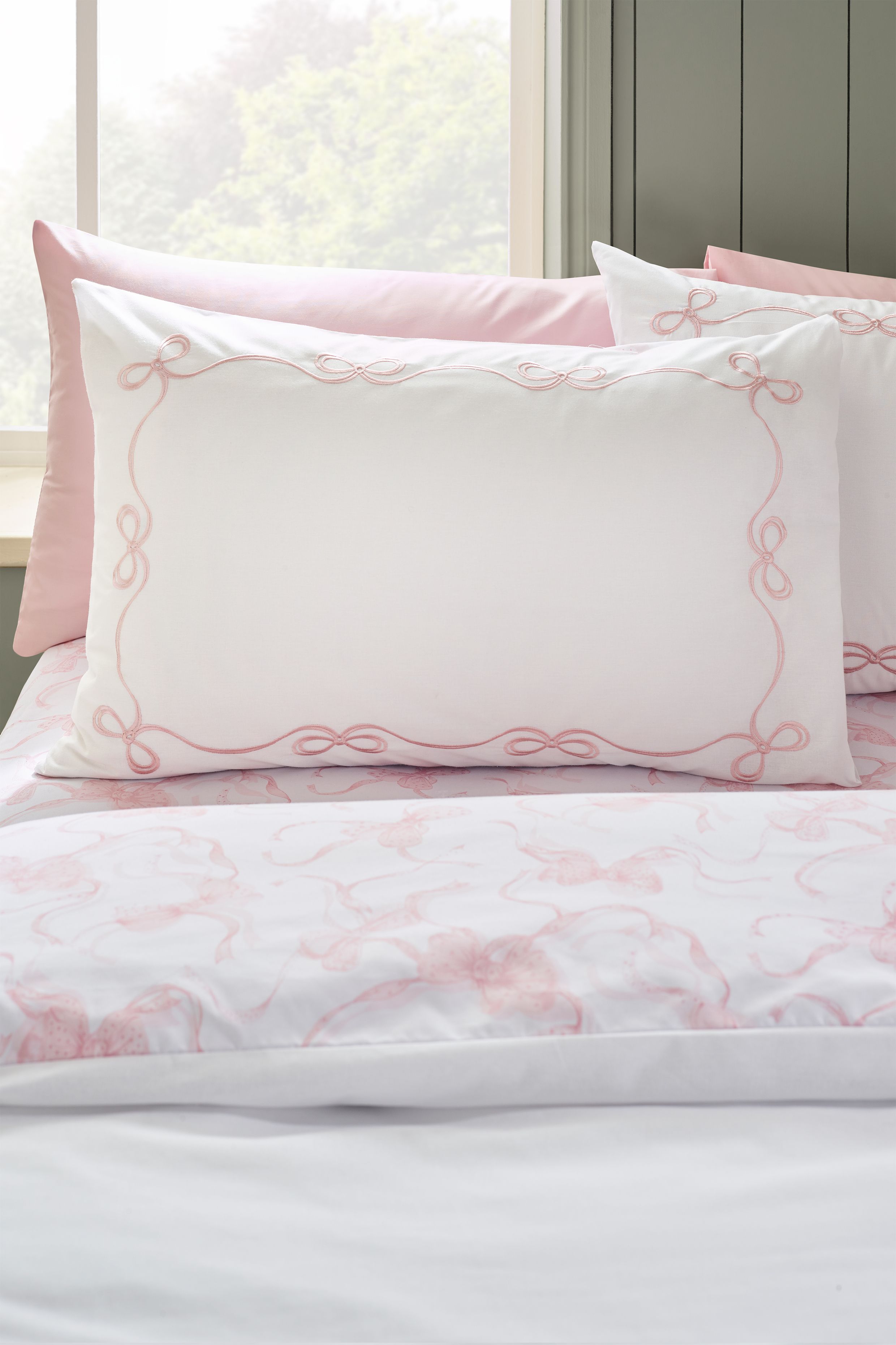 Catherine Lansfield Bow Embroidery Duvet Cover Set in Pink 3
