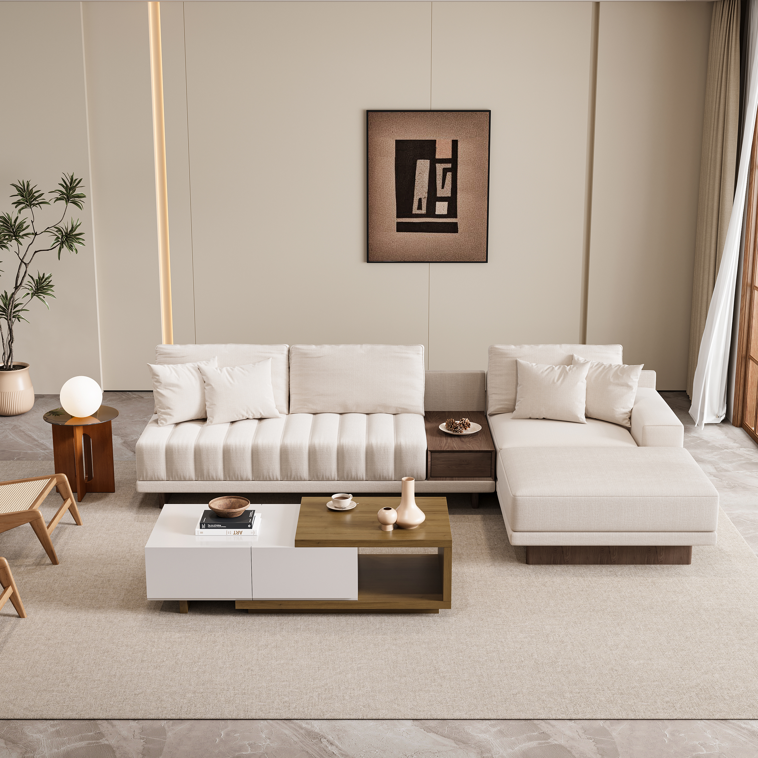 Living Room Sofa Couch Set Fabric L-Shaped White Modular Sectional Sofa & White & Walnut Coffee Table Set