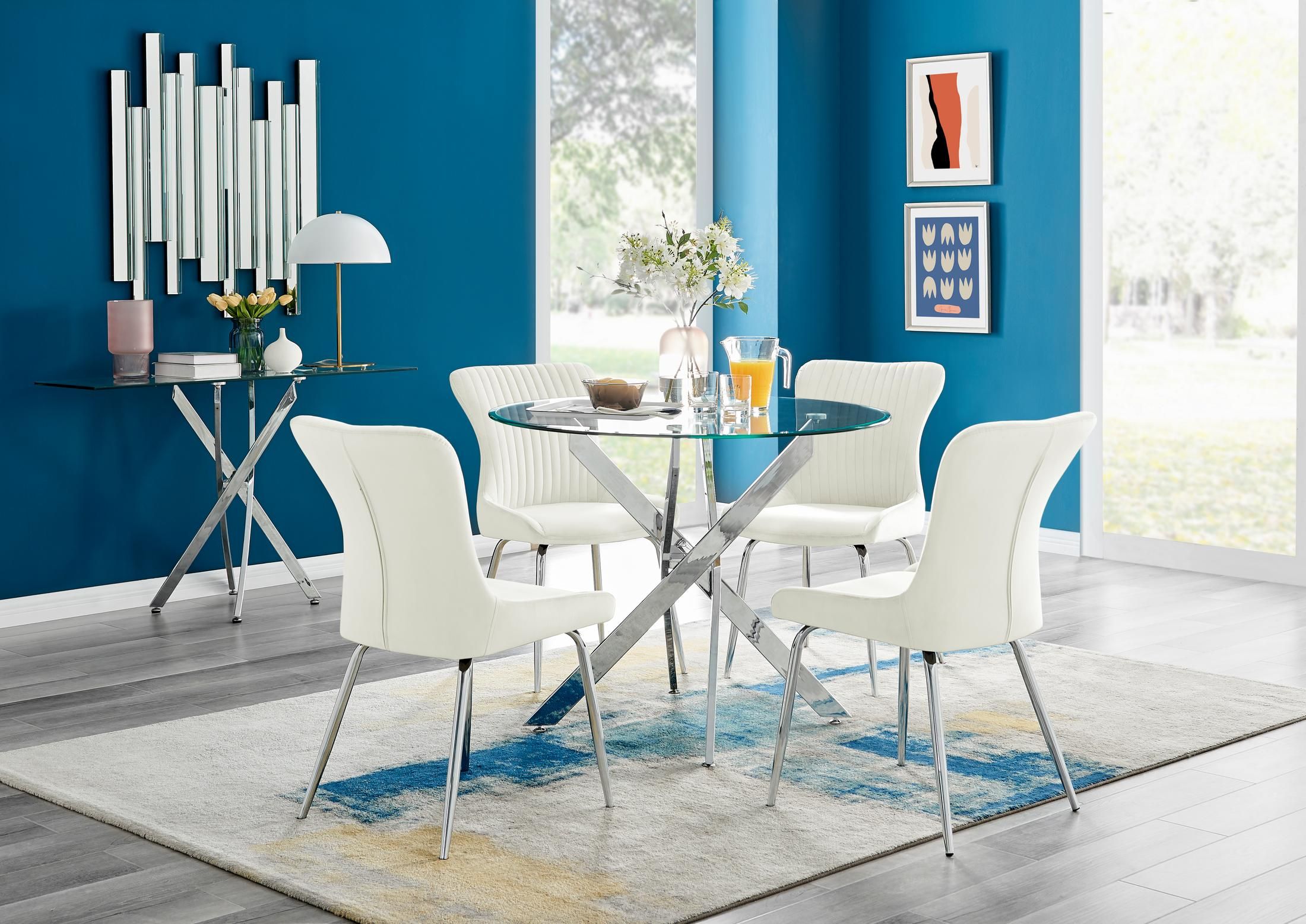 FurnitureboxUK Novara Round Glass Dining Table & 4 Nora Silver Leg Chairs in Cream