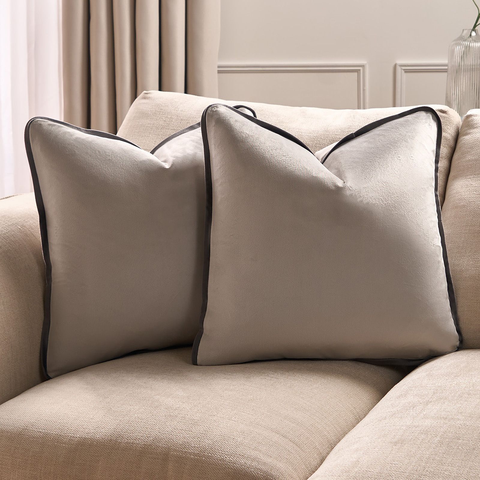 OHS 2 Pack Matte Velvet Piped Cushion Covers Home Decor Set in Light Grey