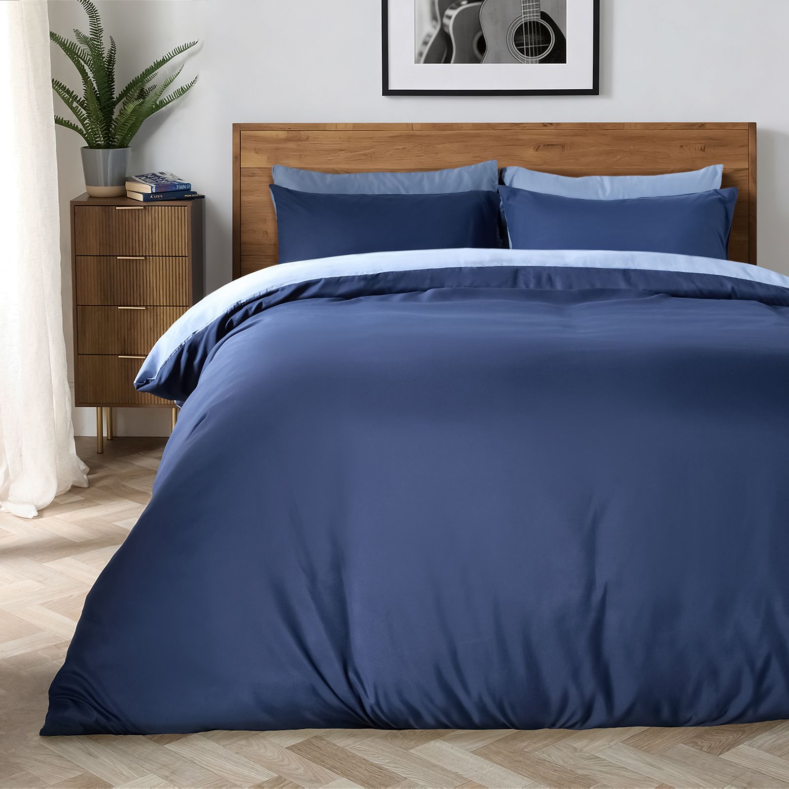 OHS Plain Dyed Reversible Duvet Cover Cover with Pillowcase Set in Navy
