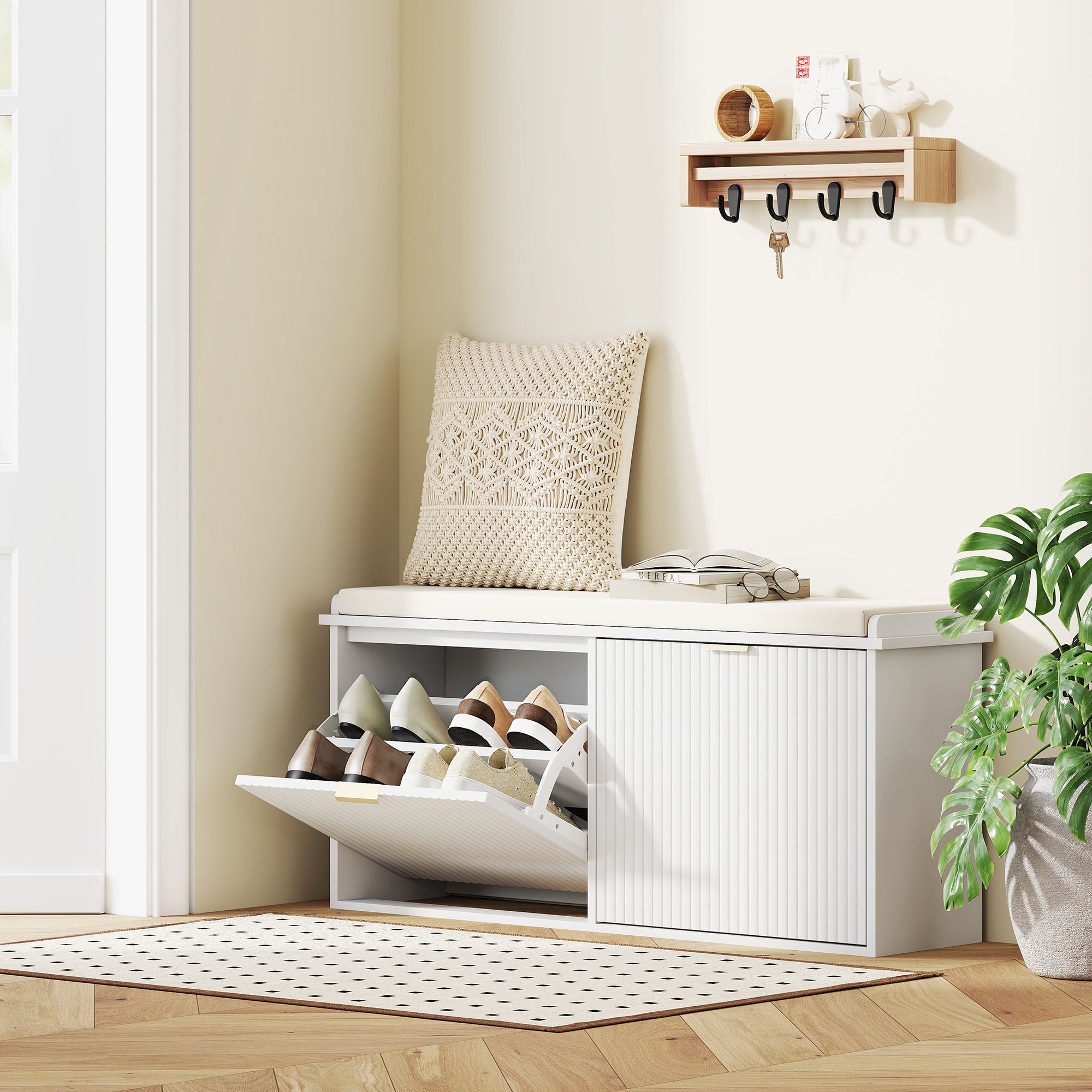 HOMCOM Shoe Storage Bench with Cushion & Flip-Drawer 104x26x47.5cm in White