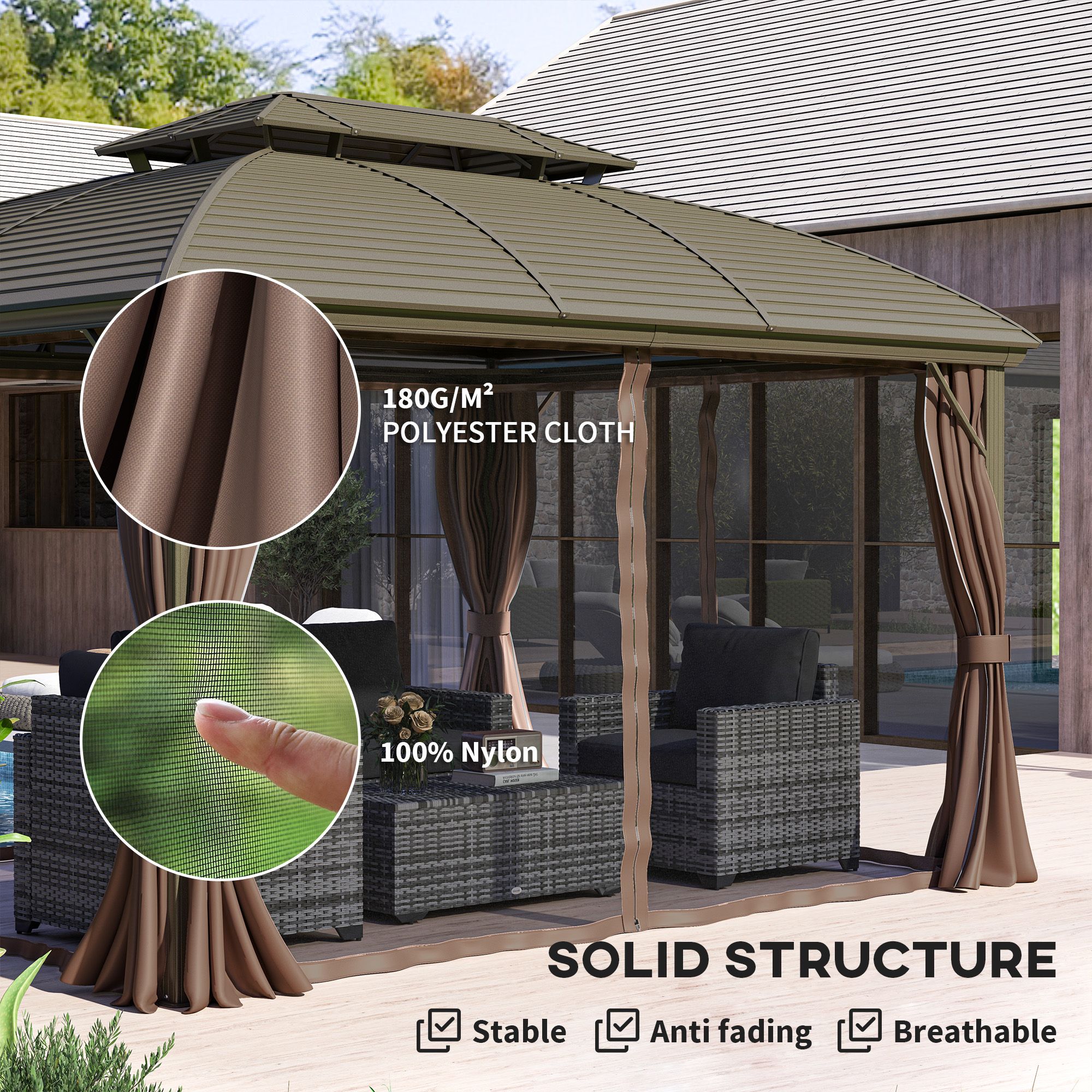 OUTSUNNY 3.65 x 3(m) Aluminium Outdoor Gazebo w/ Hardtop Double Roof, Coffee in Brown 5