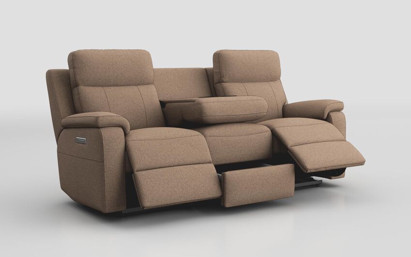 Brown Fabric Calboli 3 Seater Power Recliner Sofa with Power Head Tilt, Lumbar, Drawer & Table