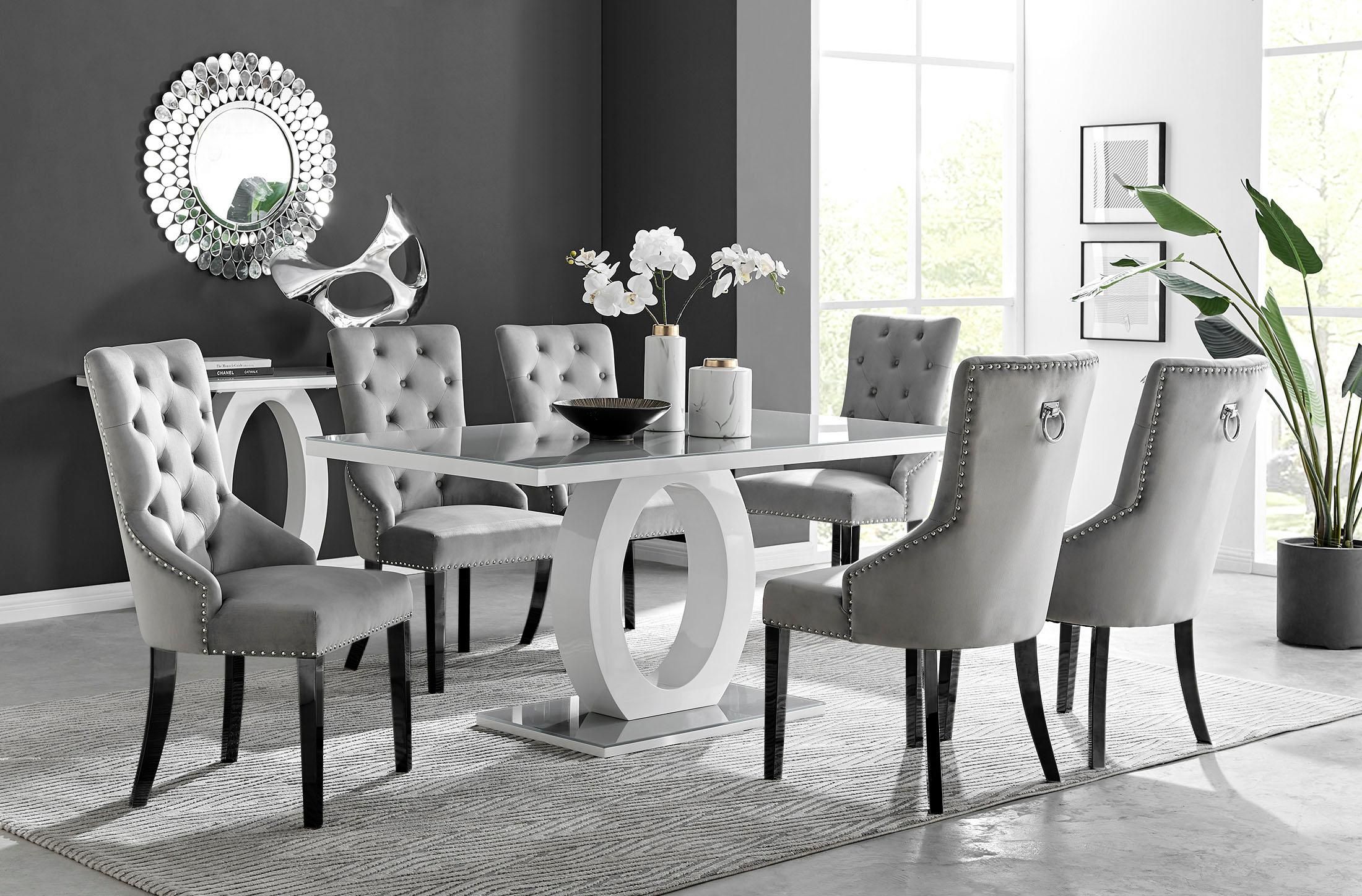 FurnitureboxUK Giovani 6-Seater Grey Glass Dining Table & 6 Belgravia Velvet Dining Chairs
