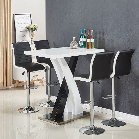 Axara Bar Table In White Black Gloss With 4 Ritz Black Stools