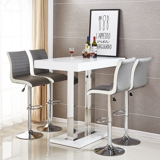 Caprice Bar Table In White High Gloss With 4 Ritz Grey Stools