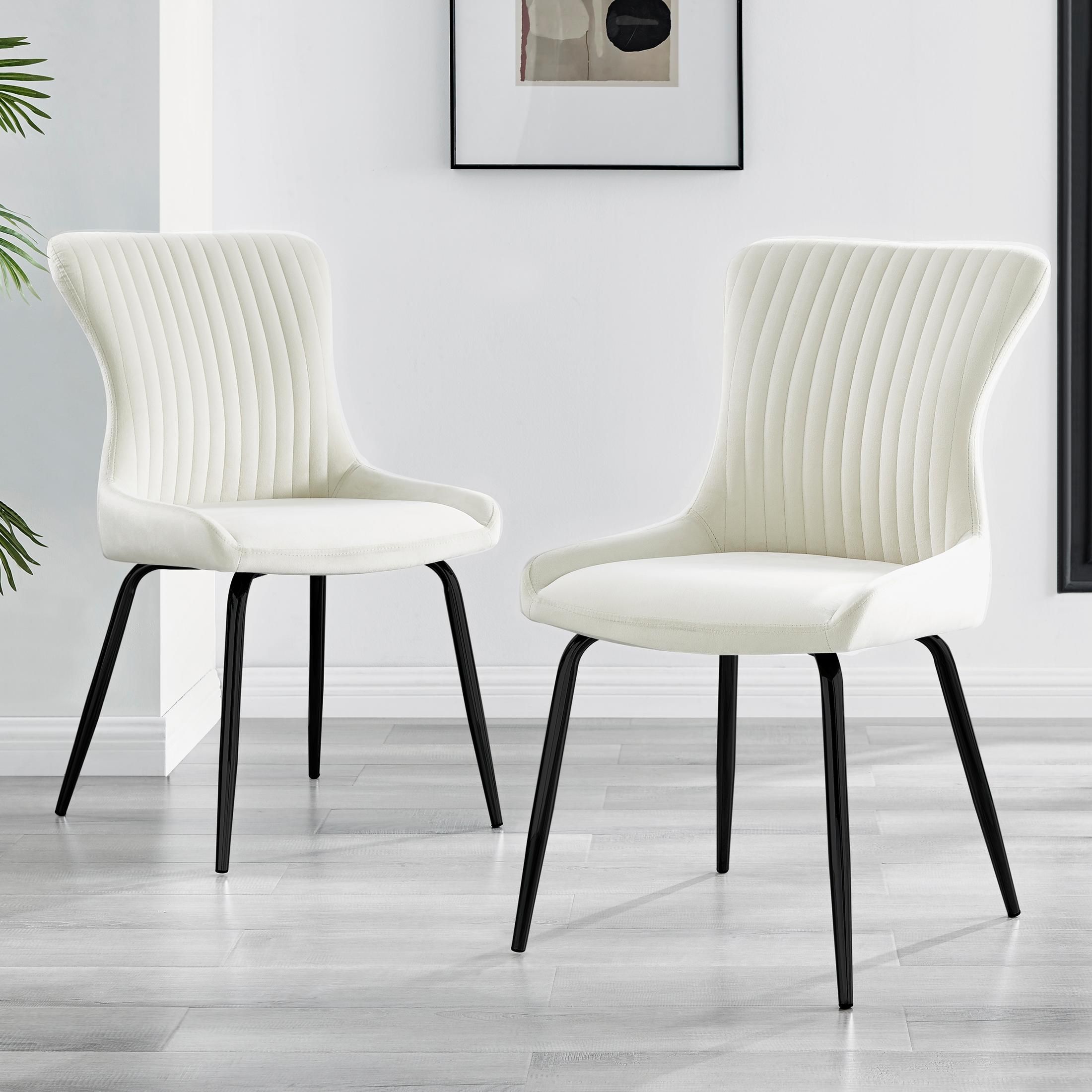 FurnitureboxUK Set of 2 Nora Deep Padded Luxurious Dining Chairs Upholstered In Soft Velvet With Black Legs in Cream