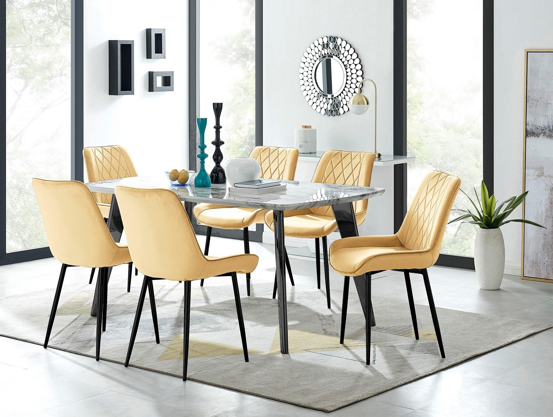 FurnitureboxUK Andria White Marble Effect & Black Leg 6 Seater Dining Table & 6 Pesaro Soft Velvet Chairs in Mustard