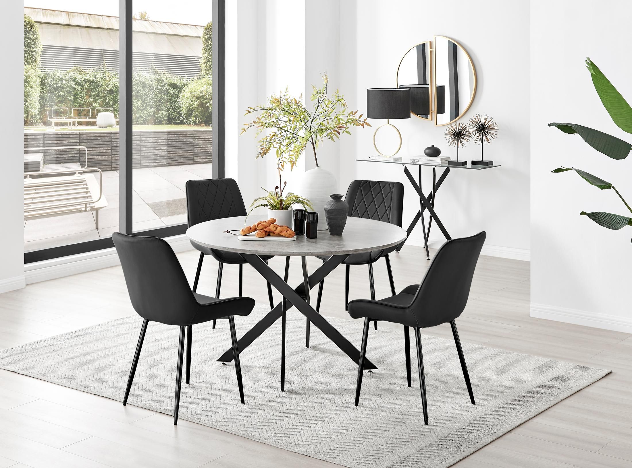 FurnitureboxUK Novara Grey Concrete Effect Black Leg 120cm Round Dining Table & 4 Pesaro Black Leg Chairs