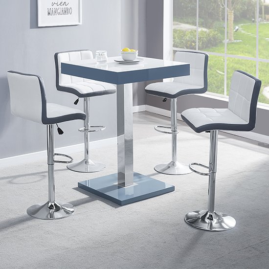 Topaz Grey White Glass Bar Table With 4 Copez White Grey Stools