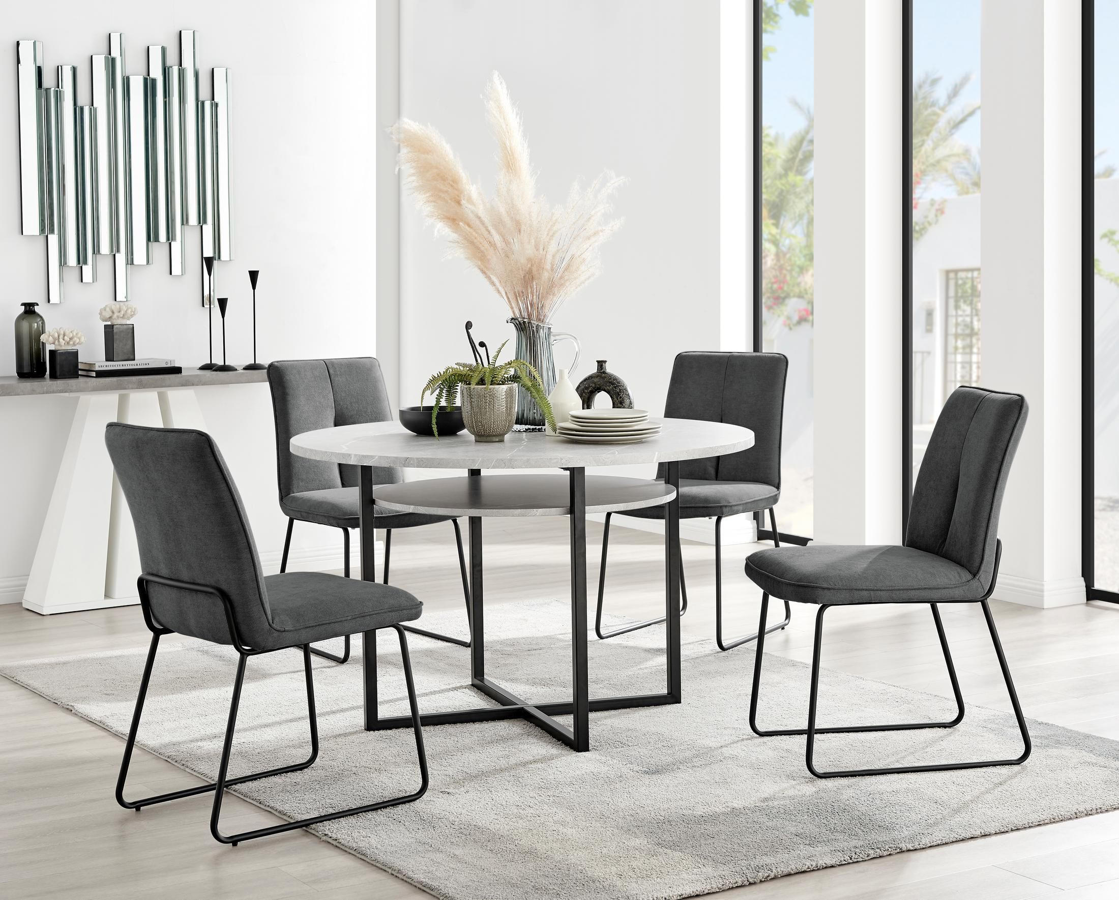 FurnitureboxUK Adley Grey Concrete Effect Round Dining Table & 4 Halleyy Fabric Chairs in Dark Grey